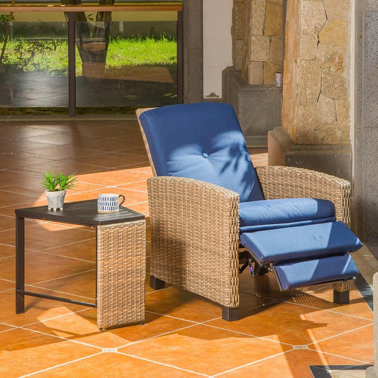 Domi Indoor & Outdoor Recliner, All-Weather Wicker Reclining Patio Chair with Side Table, Blue Cushion (Blue)