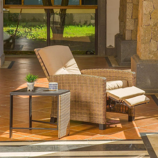 Domi Indoor & Outdoor Recliner, All-Weather Wicker Reclining Patio Chair with Side Table, Khaki Cushion (Beige)