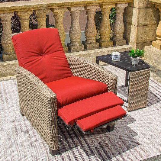 Domi Indoor & Outdoor Recliner, All-Weather Wicker Reclining Patio Chair with Side Table, Red Cushion (Red)