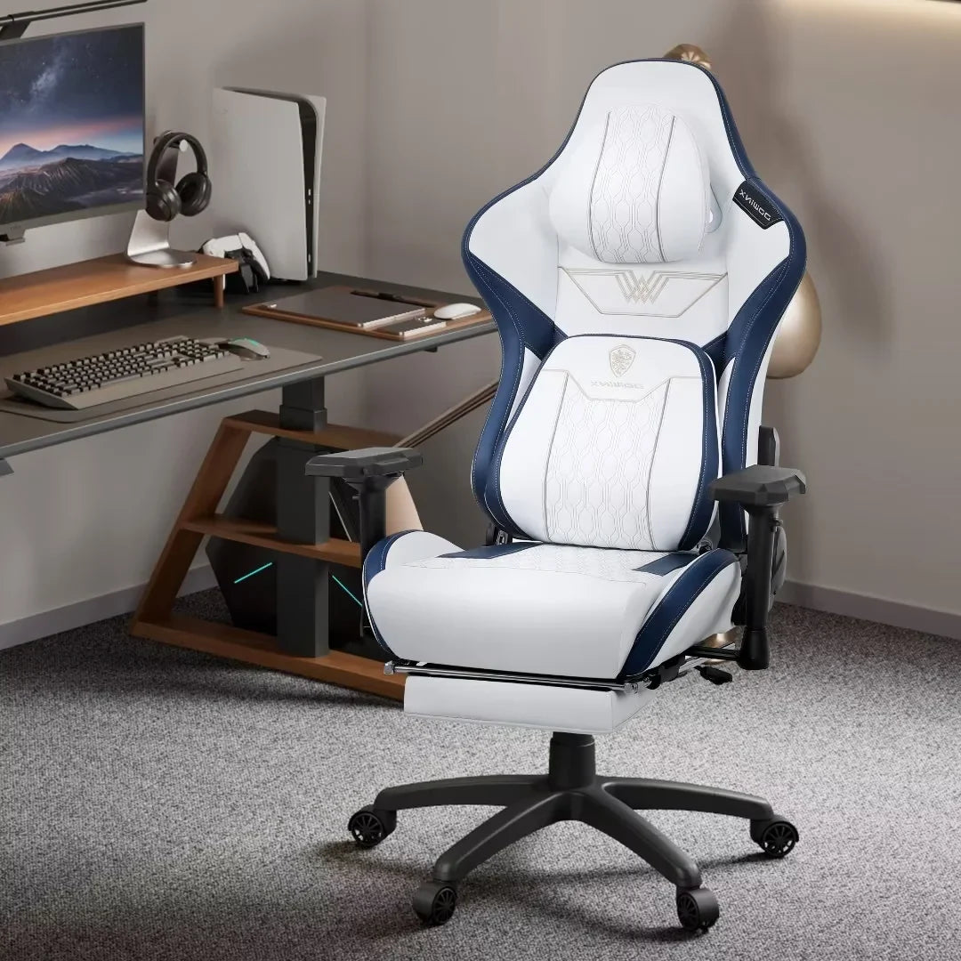 Dowinx Big and Tall Gaming Chair with Footrest, High Back Ergonomic Office Chair with Comfortable Headrest and Lumbar Support, 4D Armrests Computer Chair for Adults, Pu Leather, White
