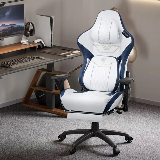 Dowinx Big and Tall Gaming Chair with Footrest, High Back Ergonomic Office Chair with Comfortable Headrest and Lumbar Support, 4D Armrests Computer Chair for Adults, Pu Leather, White