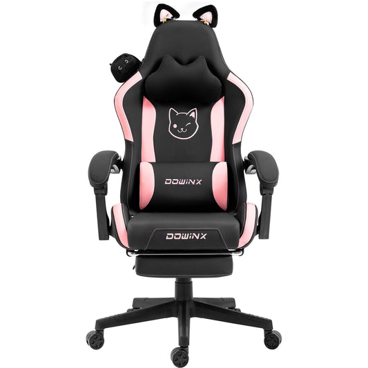 Dowinx Cute Cat-Ear Gaming Chair with Massaging Lumbar Support, Ergonomic Computer Gaming Chair for Girl and Adults, Reclining Comfort Game Chair with Footrest, Black