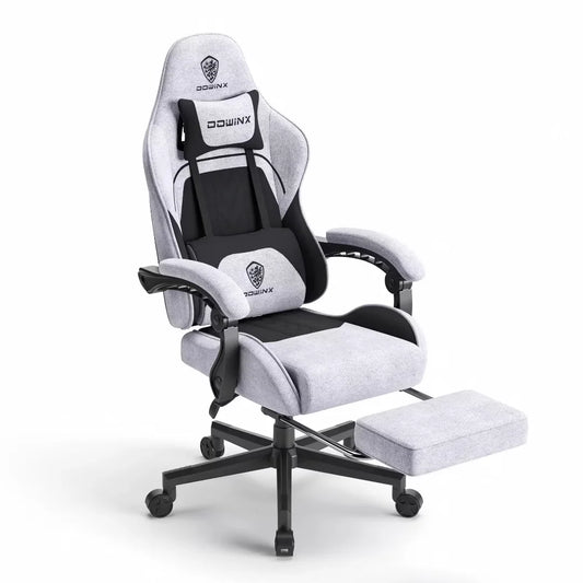 Dowinx Fabric Gaming Chair with Pocket Spring Cushion, Ergonomic Computer Chair with Footrest, Cloth Gamer Chair with Massage Lumbar Support and Headrest, Light Grey