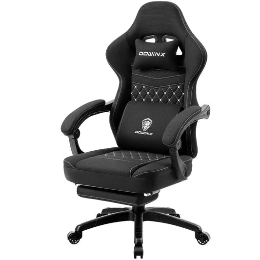 Dowinx Gaming Chair Breathable Fabric Computer Chair with Pocket Spring Cushion, Comfortable Office Chair with Gel Pad and Storage Bag,Massage Game Chair with Footrest,Black