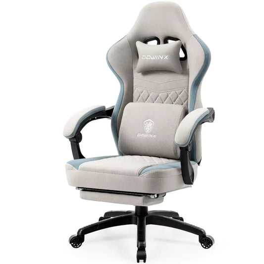 Dowinx Gaming Chair Breathable Fabric Computer Chair with Pocket Spring Cushion, Comfortable Office Chair with Gel Pad and Storage Bag,Massage Game Chair with Footrest,Grey
