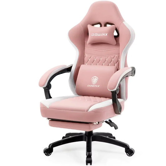 Dowinx Gaming Chair Breathable Fabric Computer Chair with Pocket Spring Cushion, Comfortable Office Chair with Gel Pad and Storage Bag,Massage Game Chair with Footrest,Pink