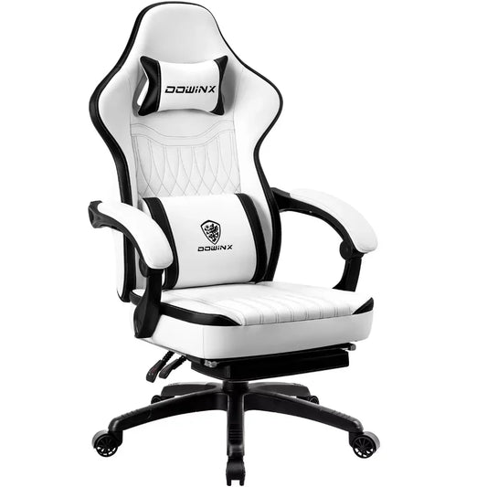 Dowinx Gaming Chair Breathable PU Leather Gamer Chair with Pocket Spring Cushion, Ergonomic Computer Chair with Massage Lumbar Support,Adjustable Swivel Task Chair with Footrest(Black&White)