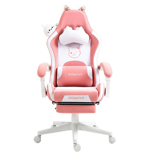 Dowinx Cute Cat-Ear Gaming Chair with Massaging Lumbar Support, Ergonomic Computer Gaming Chair for Girl and Adults, Reclining Comfort Game Chair with Footrest, Pink
