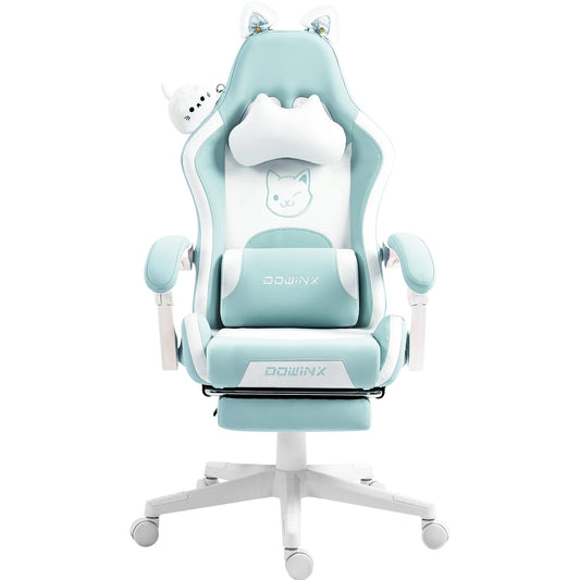 Dowinx Cute Cat-Ear Gaming Chair with Massaging Lumbar Support, Ergonomic Computer Gaming Chair for Girl and Adults, Reclining Comfort Game Chair with Footrest, Blue