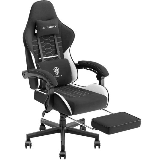 Dowinx Gaming Chair Fabric with Pocket Spring Cushion, Massage Game Chair Cloth with Headrest, Ergonomic Computer Chair with Footrest 290LBS, Black and White