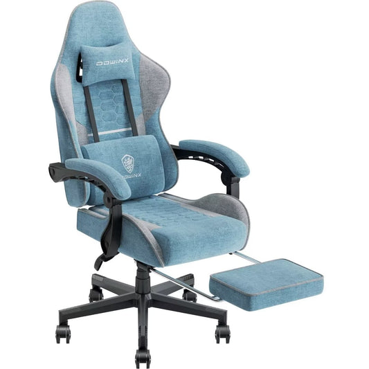 Dowinx Gaming Chair Fabric with Pocket Spring Cushion, Massage Game Chair Cloth with Headrest, Ergonomic Computer Chair with Footrest 290LBS, Blue and Grey