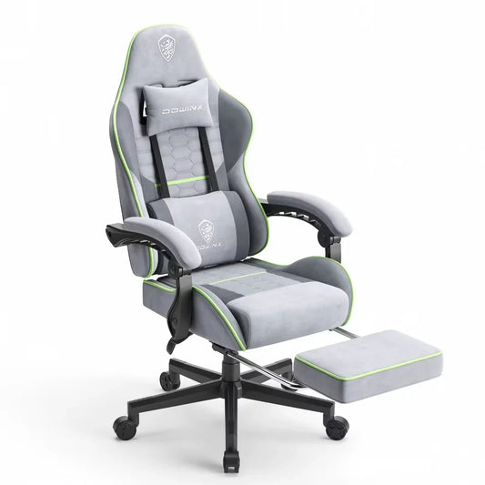 Dowinx Gaming Chair Fabric with Pocket Spring Cushion, Massage Game Chair Cloth with Headrest, Ergonomic Computer Chair with Footrest 290LBS, Light Grey