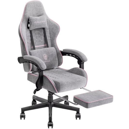 Dowinx Gaming Chair Fabric with Pocket Spring Cushion, Massage Game Chair Cloth with Headrest, Ergonomic Computer Chair with Footrest 290LBS, Pink and Grey