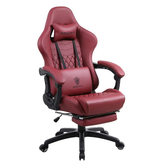 Dowinx Gaming Chair Office Desk Chair with Massage Lumbar Support, Vintage Style Armchair PU Leather E-Sports Gamer Chairs with Retractable Footrest, Red