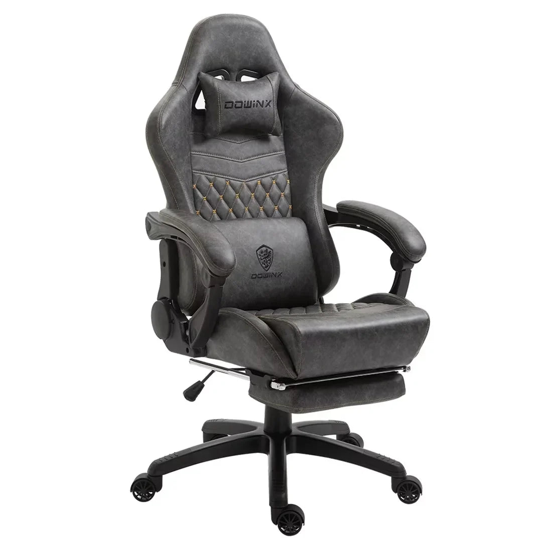 Dowinx Gaming Office, PC with Massage Lumbar Support, Vintage Style PU Leather High Back Adjustable Swivel Task Chair with Footrest, Light Grey