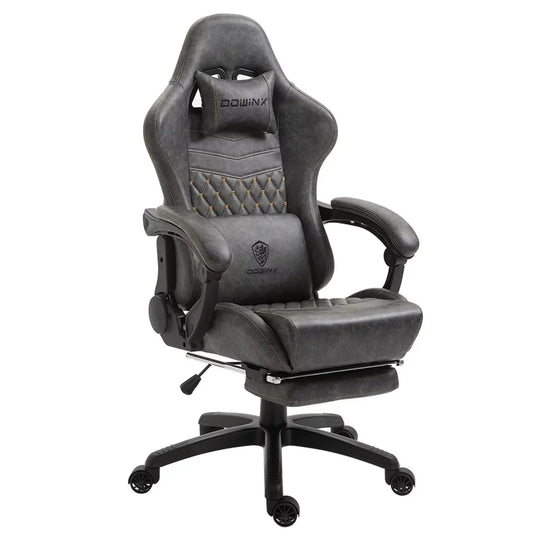 Dowinx Gaming Office, PC with Massage Lumbar Support, Vintage Style PU Leather High Back Adjustable Swivel Task Chair with Footrest, Light Grey