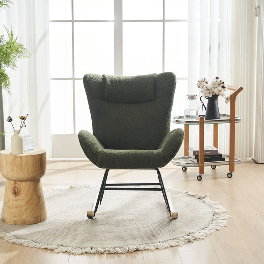 Dtwnek Fabric Upholstered Rocking Chair with Solid Wood Legs, Reading Chair Armchair for Living Room, Bedroom, Office, Green