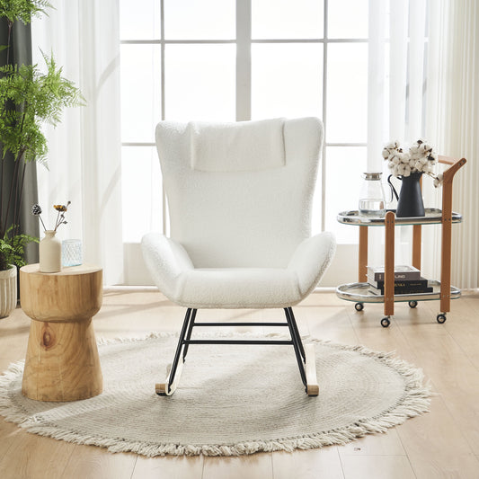 Dtwnek Fabric Upholstered Rocking Chair with Solid Wood Legs, Reading Chair Armchair for Living Room, Bedroom, Office, White
