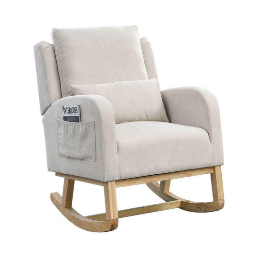 Dtwnek High Back Living Room Accent Chair Rocking Chair with 1 Lumbar Pillow, 2 Side Pockets, Beige