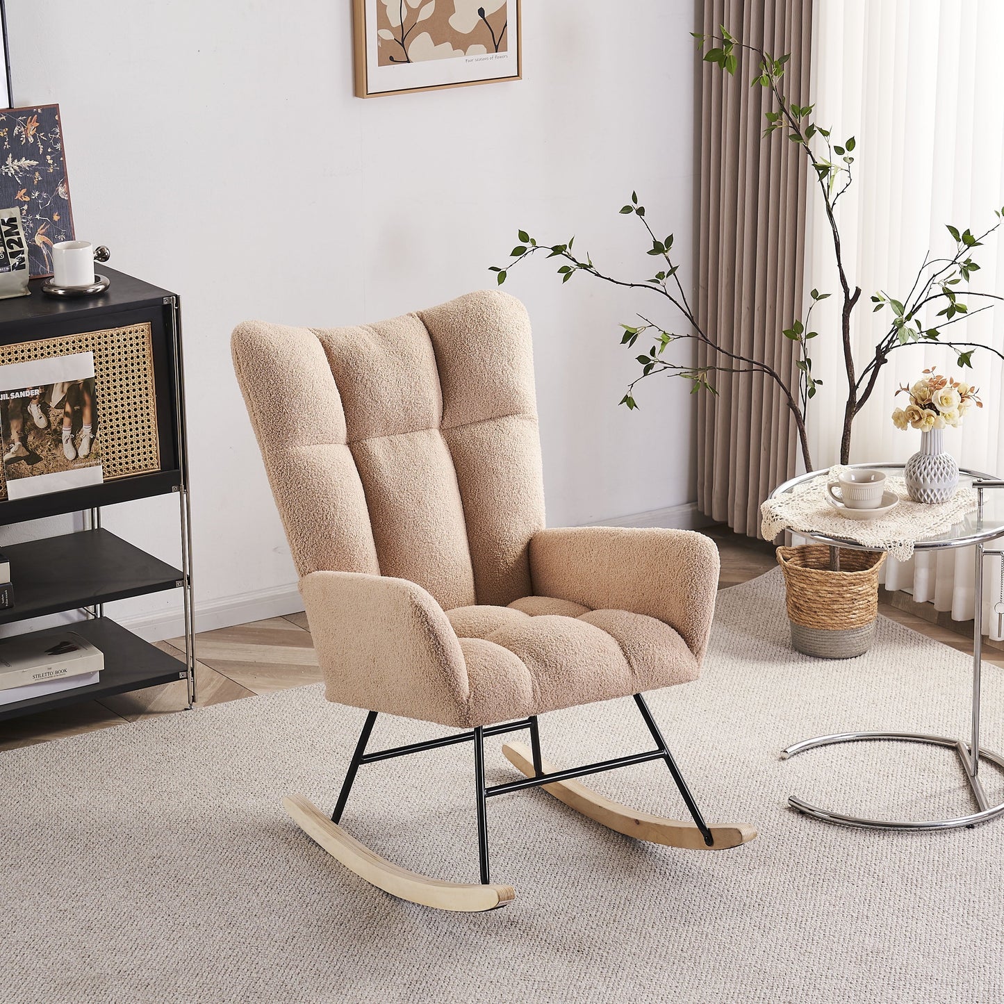Dtwnek Rocking Chair, Solid Wood Legs Reading Chair with Fabric Upholstered, Armchair for Living Rooms, Bedrooms, Offices