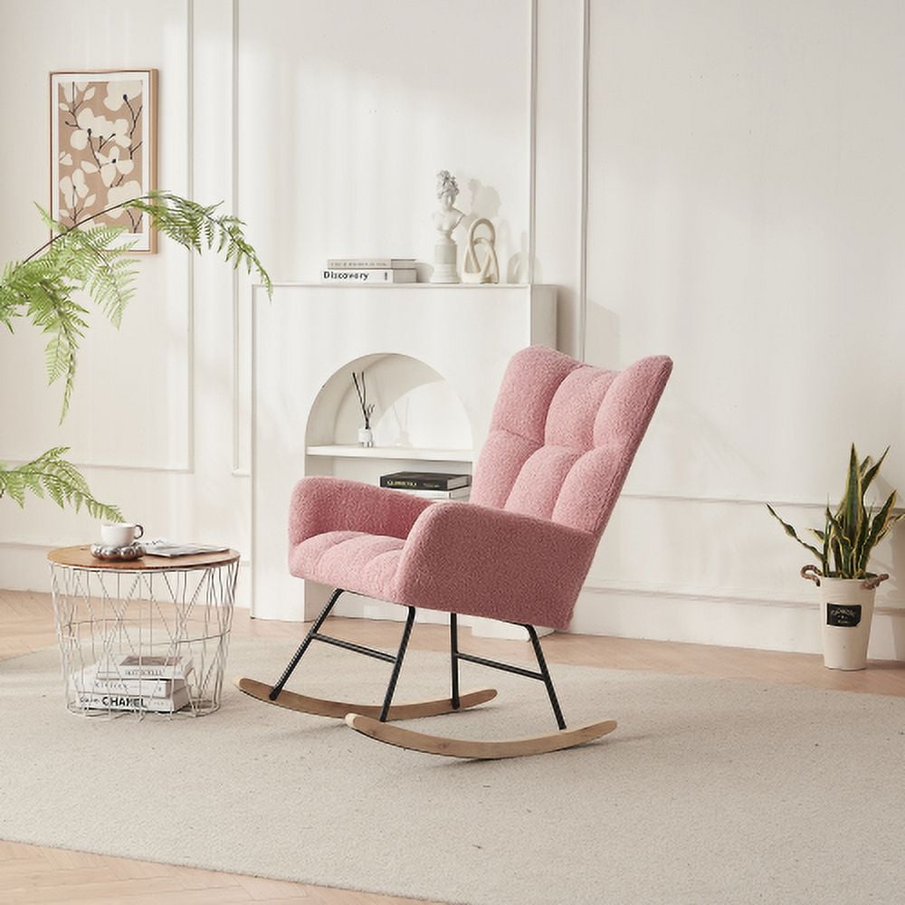Dtwnek Rocking Chair, Solid Wood Legs Reading Chair with Fabric Upholstered, Armchair for Living Rooms, Bedrooms, Offices