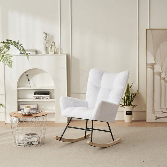 Dtwnek Rocking Chair, Solid Wood Legs Reading Chair with Faux Fur Upholstered, Armchair for Living Rooms, Bedrooms, Offices