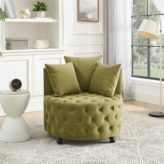 Dtwnek Velvet Swivel Chair with Wheels and 3 Pillows, for Living Room, Office, Green