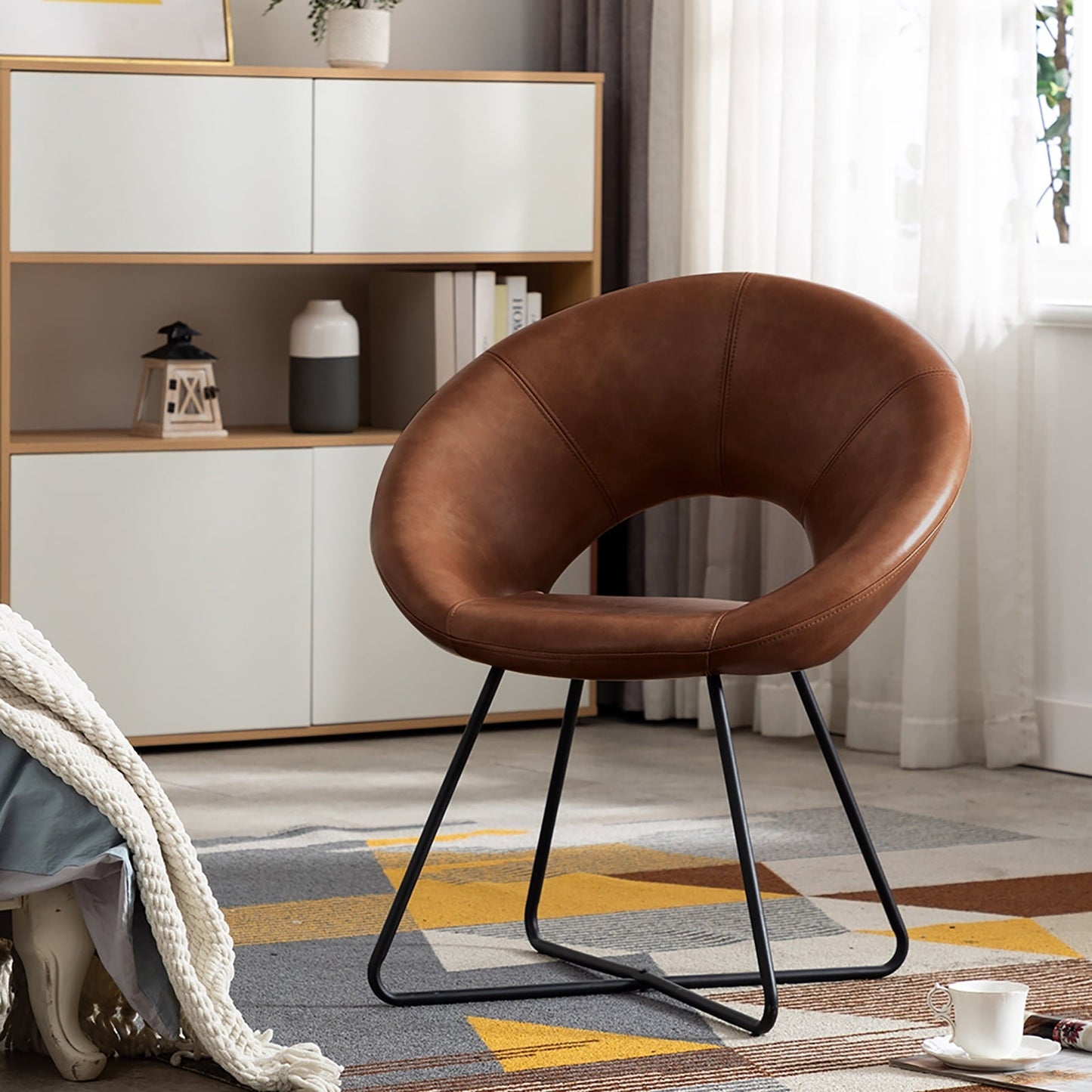 Duhome Accent Chairs Mid-Century Modern Faux Leather Lounge Chair with Black Metal Legs for Living Room Armchair, Yellowish Brown