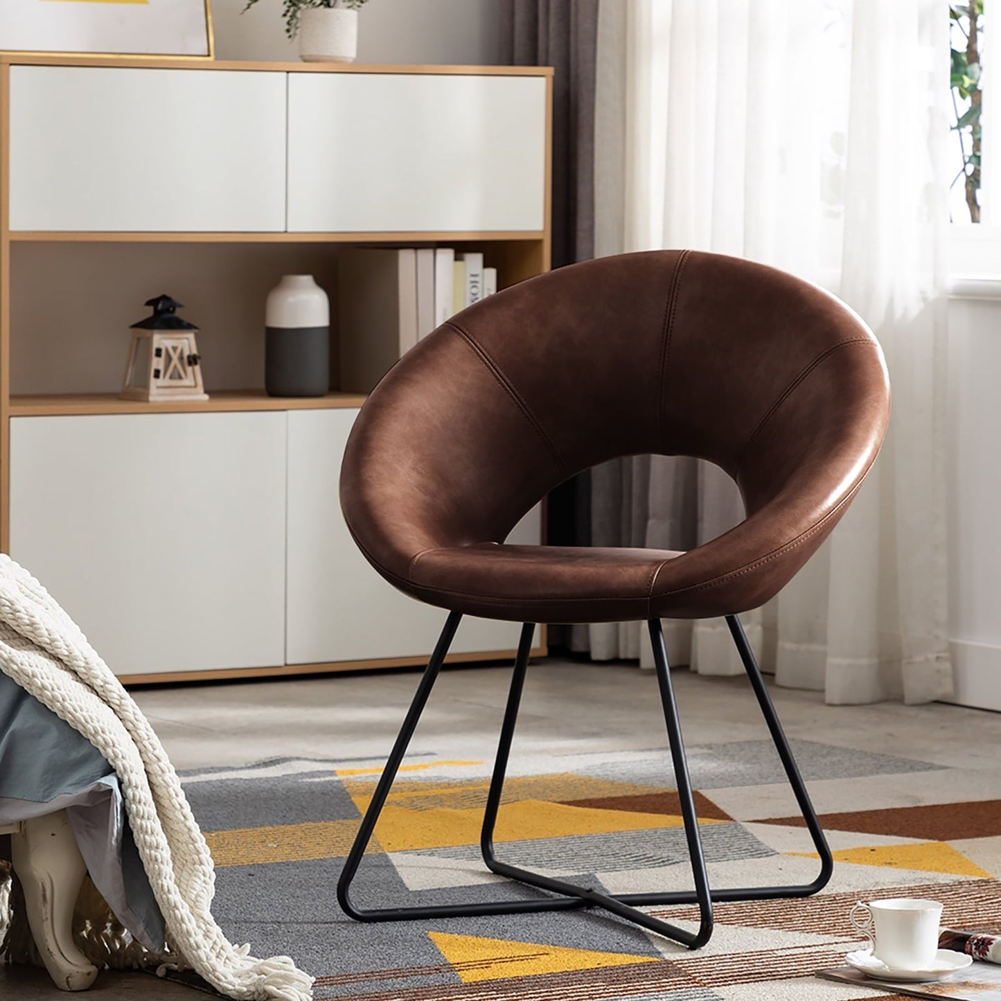 Duhome Small Accent Chair Mid-Century Modern Faux Leather Lounge Chair with Black Metal Legs for Living Room Armchair, Dark Brown