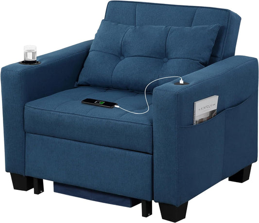 Duraspace Arm Lounge Chair into Sofa Bed for Living Room Adults with USB, Storage Space, Blue