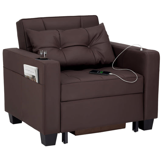 Duraspace Arm Lounge Chair into Sofa Bed for Living Room Adults with USB, Storage Space, Caramel Brown
