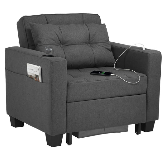 Duraspace Arm Lounge Chair into Sofa Bed for Living Room Adults with USB, Storage Space, Dark Gray