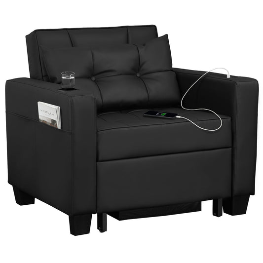 Duraspace Arm Lounge Chair into Sofa Bed for Living Room Adults with USB, Storage Space - Faux Leather Black