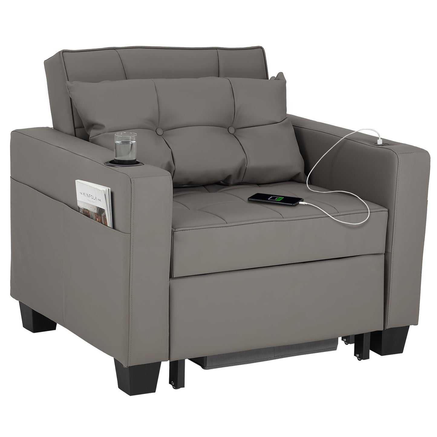 Duraspace Arm Lounge Chair into Sofa Bed for Living Room Adults with USB, Storage Space - Faux Leather Gray