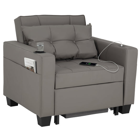 Duraspace Arm Lounge Chair into Sofa Bed for Living Room Adults with USB, Storage Space - Faux Leather Gray