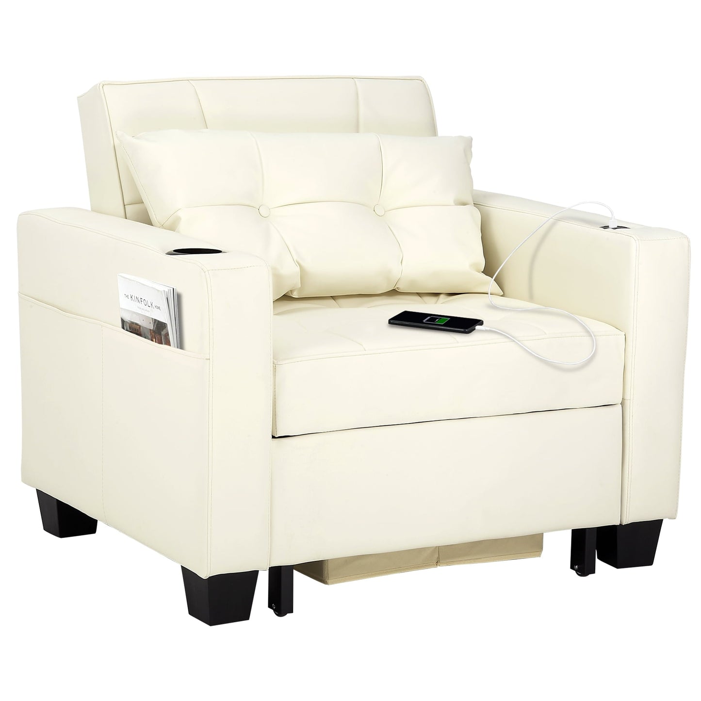 Duraspace Arm Lounge Chair into Sofa Bed for Living Room Adults with USB, Storage Space - Faux Leather White