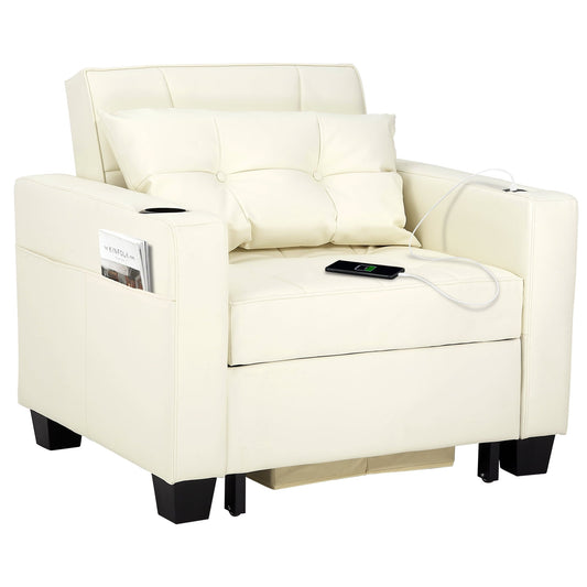Duraspace Arm Lounge Chair into Sofa Bed for Living Room Adults with USB, Storage Space - Faux Leather White
