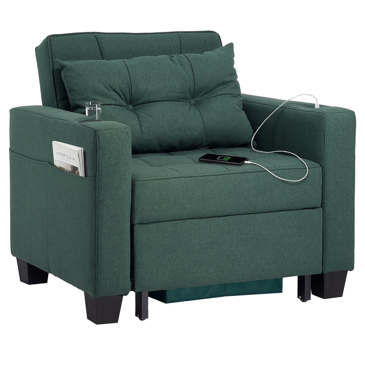 Duraspace Arm Lounge Chair into Sofa Bed for Living Room Adults with USB, Storage Space, Green