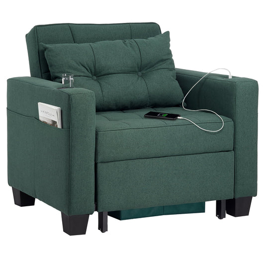 Duraspace Arm Lounge Chair into Sofa Bed for Living Room Adults with USB, Storage Space, Green
