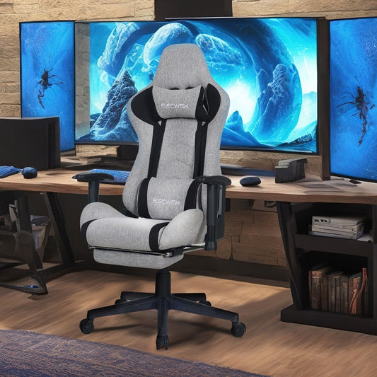 ELECWISH Massage Gaming Chair Fabric Office Swivel Recliner Seat with Footrest Swivel Chair with Footrest 2D Armrest Gray