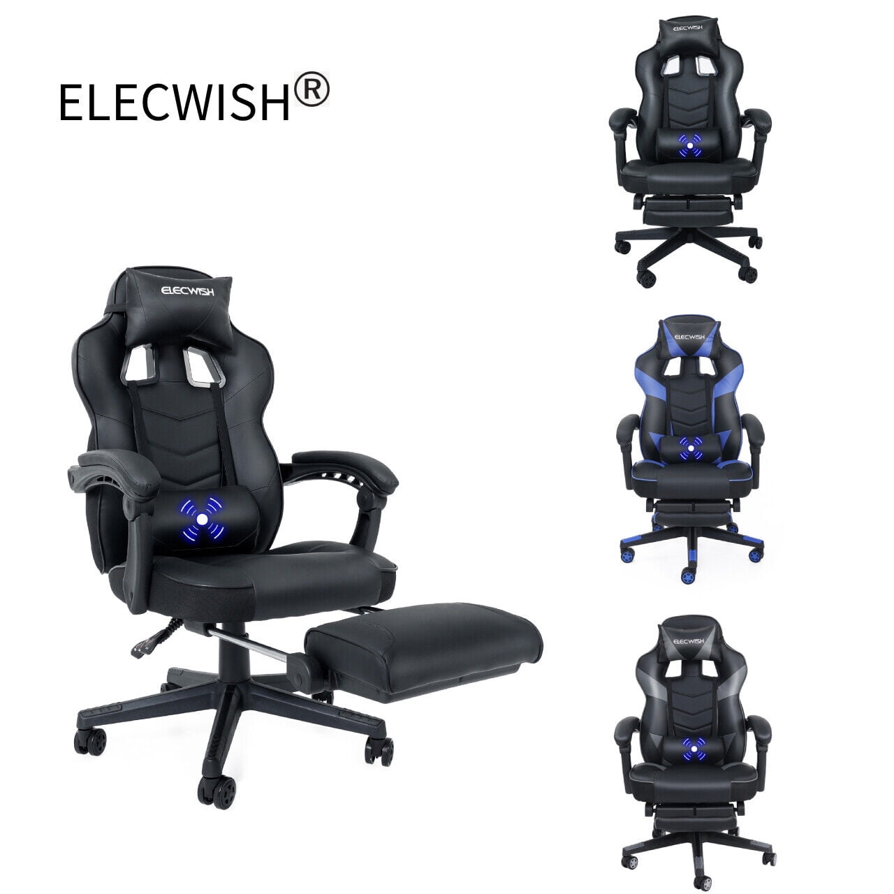 ELECWISH Racing Style Reclining Gaming Office Chair Ergonomic with Footrest and Massage Lumbar Pillow,Swivel Height Adjustable PU Leather Video Gaming Chair(Black))