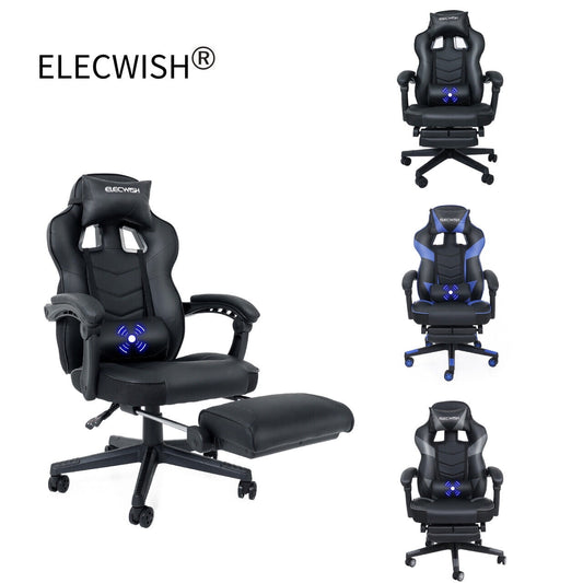 ELECWISH Racing Style Reclining Gaming Office Chair Ergonomic with Footrest and Massage Lumbar Pillow,Swivel Height Adjustable PU Leather Video Gaming Chair(Black))
