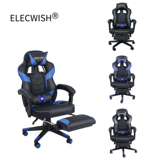 ELECWISH Racing Style Reclining Gaming Office Chair Ergonomic with Footrest and Massage Lumbar Pillow,Swivel Height Adjustable PU Leather Video Gaming Chair(Blue)