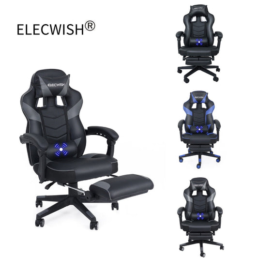 ELECWISH Racing Style Reclining Gaming Office Chair Ergonomic with Footrest and Massage Lumbar Pillow,Swivel Height Adjustable PU Leather Video Gaming Chair(Gray)