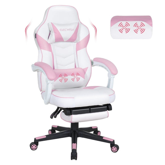 ELECWISH Racing Style Reclining Gaming Office Chair Ergonomic with Footrest and Massage Lumbar Pillow,Swivel Height Adjustable PU Leather Video Gaming Chair(Pink)