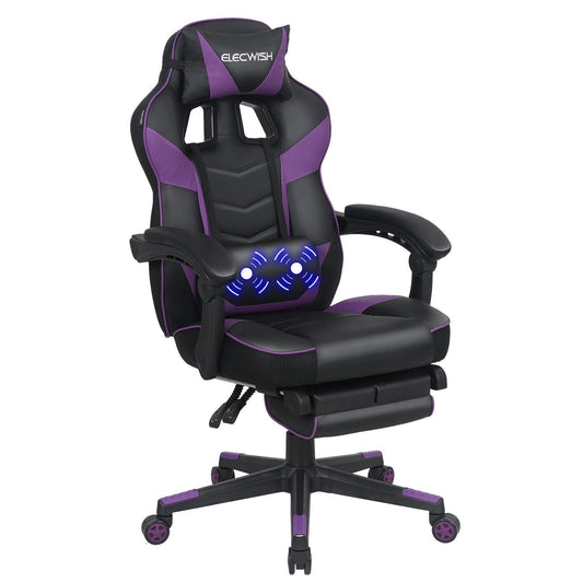ELECWISH Racing Style Reclining Gaming Office Chair Ergonomic with Footrest and Massage Lumbar Pillow, Swivel Height Adjustable PU Leather Video Gaming Chair(Purple)