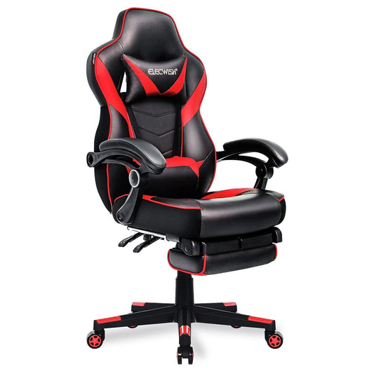 ELECWISH Reclining Thicken Large Seat Gaming Chair with Footrest and Lumbar Support PU Leather Office Chair, Red