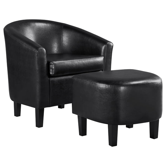 Easyfashion Barrel Accent Chair with Ottoman, Black Faux Leather