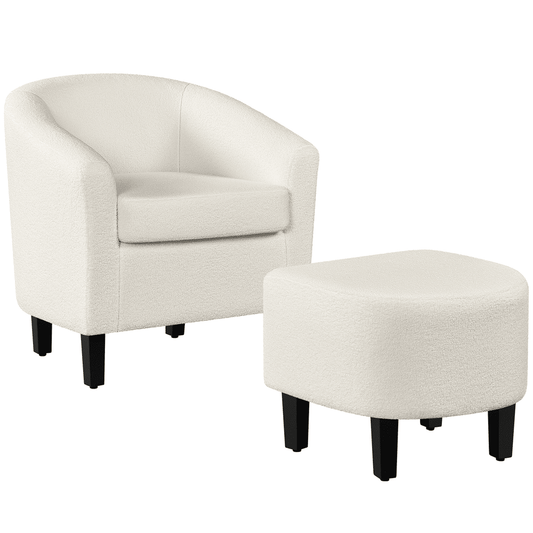 Easyfashion Barrel Accent Chair with Ottoman, Ivory Boucle Fabric