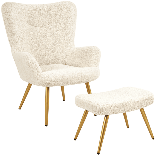 Easyfashion Boucle Accent Chair and Ottoman Set with Golden Metal Legs for Living Room, Ivory